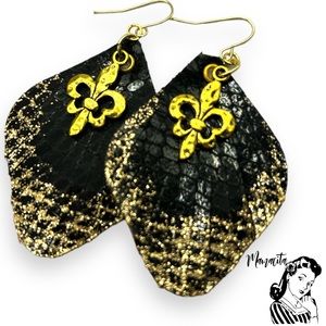Hand Cut Embossed Black Leather with gold glitter hand painting with fdl charm